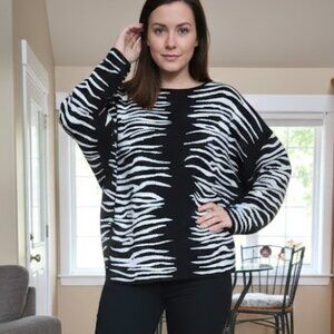 Greige sz Large Animal Zebra Print Jacquard Dolman Sleeve Sweater